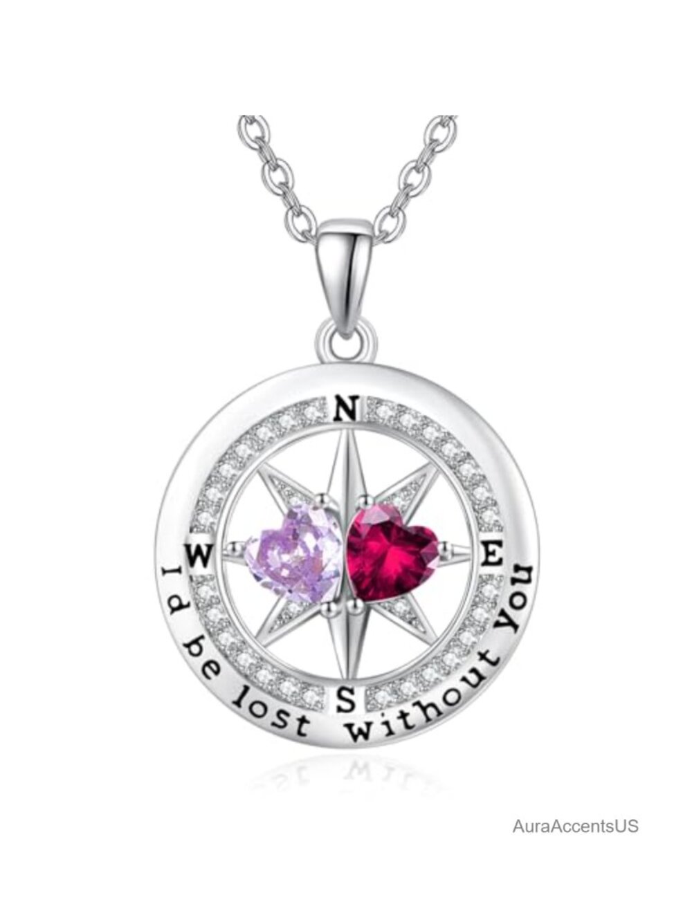 White Gold Plated Compass Birthstone Necklace 18+2" Pendant Anniversary Gift